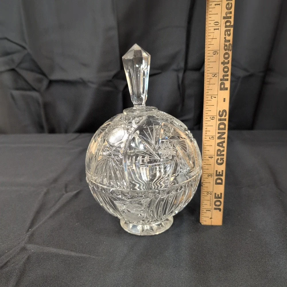 Vintage American Brilliant Style Cut Glass Lidded Candy Dish Pinwheel Starburst - Picture 7 of 8